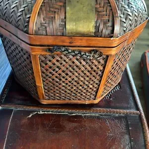 Vintage Rattan Bamboo Woven Trunk Storage Basket W/ Brass Closure