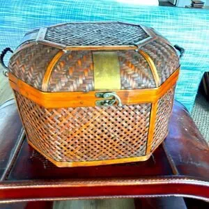 Vintage rattan Bamboo Woven Trunk Storage Basket W/ brass Closure