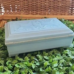 Vintage Rectangular Celluloid Lidded Vanity Table Box In Light Blue Coquette