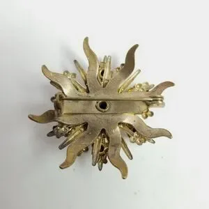 Vintage Rhinestone Starburst Radiant Sun Shaped Brooch Gold Tone Lapel Pin