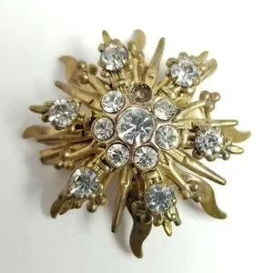 Vintage Rhinestone Starburst Radiant Sun Shaped Brooch Gold Tone Lapel Pin
