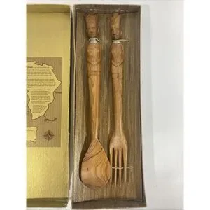 Vintage Salad Server Set African Kenya Mvule Wood Fork Spoon New w/Box