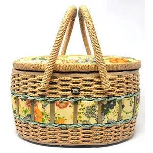 Vintage Sewing / Picnic Basket W Clear Tray - Oval Wicker Floral Tapestry Lined