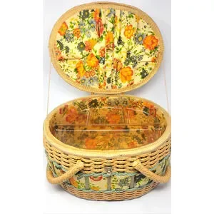 Vintage Sewing / Picnic Basket W Clear Tray - Oval Wicker Floral Tapestry Lined