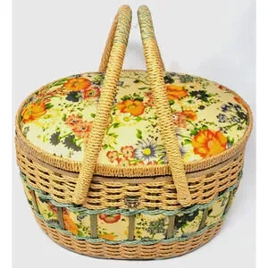 Vintage Sewing / Picnic Basket w Clear Tray - Oval Wicker Floral Tapestry Lined