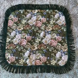 Vintage Square Floral Tapestry Table Doily Green Multi With Twisted Rope Fringe