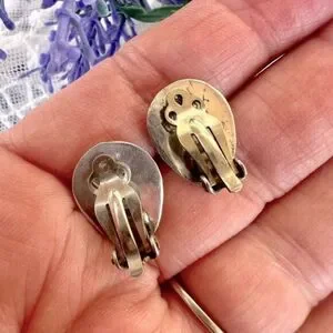 Vintage Sterling & Turquoise Bear Paw Shadowbox Clip Earrings