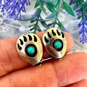 Vintage Sterling & Turquoise Bear Paw Shadowbox Clip Earrings