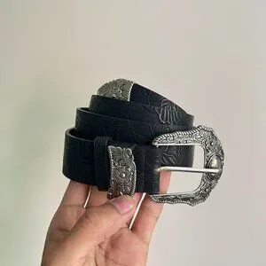 Vintage Style Black American Western Floral Silver Boho Belt
