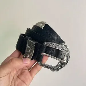 vintage style black American western floral silver boho belt