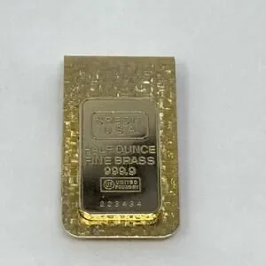 Vintage Swank Gold Tone Money Clip - Credit USA Half Ounce Fine Brass 999.9