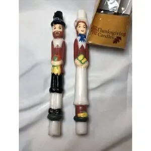 Vintage Thanksgiving Pilgrims 9” Inch Tapered Candle Sticks Holiday