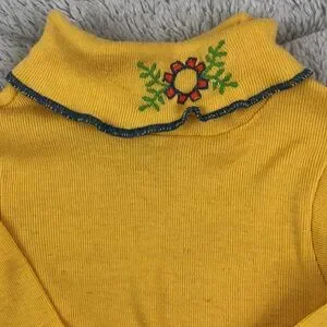 Vintage Toddler Turtleneck Flower Embroidery Groovy Yellow 2T