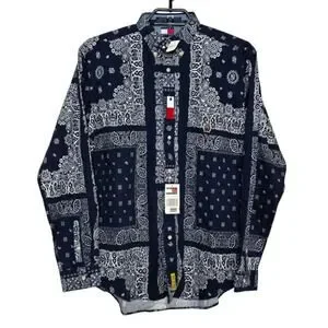 Vintage Tommy Hilfiger Button Down Shirt Paisley Boys XL Mens Small Blue White