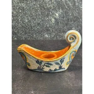 Vintage Veneto Flair Candlestick Signed 1976 Italian Ceramic Scroll Design