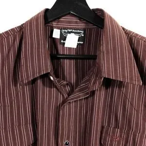 Vintage Western Pearl Snap Shirt Dark Red Black Stripe Flying R USA 18 1/2 37