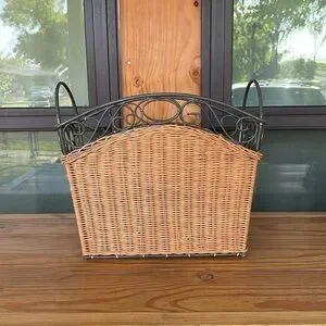 Vintage Wicker And Metal Magazine Rack