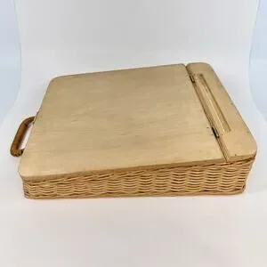 Vintage Wicker Basket & Wood Top Portable Lap Desk Storage Compartment Handle