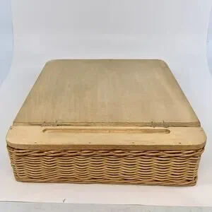 Vintage Wicker Basket & Wood Top Portable Lap Desk Storage Compartment Handle
