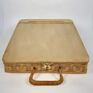 Vintage Wicker Basket & Wood Top Portable Lap Desk Storage Compartment Handle