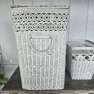 Vintage Wicker Hamper Set Maine Country Cottage White Basket Hamper Wastebasket