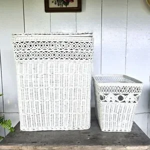 Vintage Wicker Hamper Set Maine Country Cottage White Basket Hamper Wastebasket