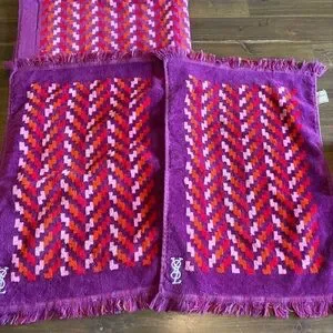 Vintage YSL Towel Set Chevron Abstract Geo Retro Bright Purple Red Orange Fringe