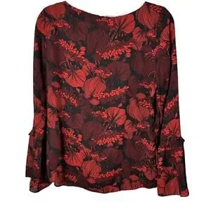 VIOLET & CLAIRE Women’s Red Black Floral BLOUSE Long Sleeve Ruffle Size Medium
