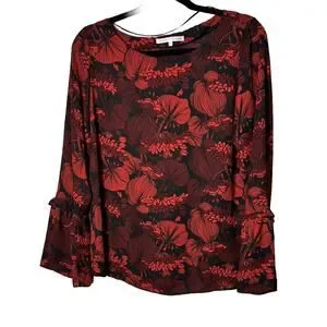 VIOLET & CLAIRE Women’s Red Black Floral BLOUSE Long Sleeve Ruffle Size Medium