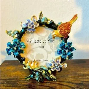 VNT Collette et Cie 3" x 3" Birds Flower Garden Crystal Rhinestone Photo Frame