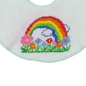 VTG 80s Cross Stitch Bib Rainbow Flowers‎ Terry Cloth White Multi Baby Infant