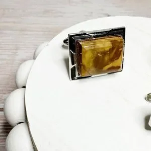 Vtg Amber Agate Stone Cufflinks & Tie Clip Silver Tone Black Enamel Frame MCM