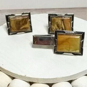Vtg Amber Agate Stone Cufflinks & Tie Clip Silver Tone Black Enamel Frame MCM