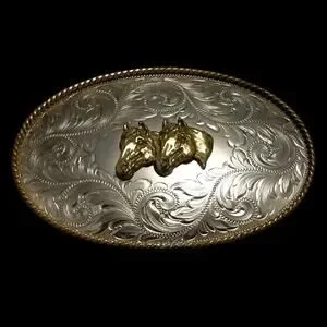 VTG Belt Buckle German Silver Montana Silversmiths Double Horse Heads Western