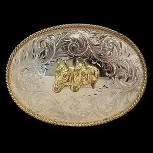 VTG Belt Buckle German Silver Montana Silversmiths Double Horse Heads Western