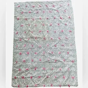 Vtg Hand Made Quilted Throw Pink & Green Floral Bows Reversible COTTAGECORE