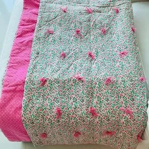 Vtg Hand Made Quilted Throw Pink & Green Floral Bows Reversible COTTAGECORE