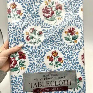 VTG HomeTrends Vinyl Tablecloth Flannel Back 52”x70” Oblong Blue Leaf Floral NEW
