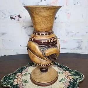 VTG Lathe Turned Wood Vase On Pedestal Stand - Rustic Farmhouse Floral Decor