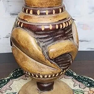 VTG Lathe Turned Wood Vase On Pedestal Stand - Rustic Farmhouse Floral Decor