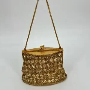 Vtg MCM Handmade Glass Beaded Hand Bag Mini Gold Clutch Kiss Lock Micro 50s 60s