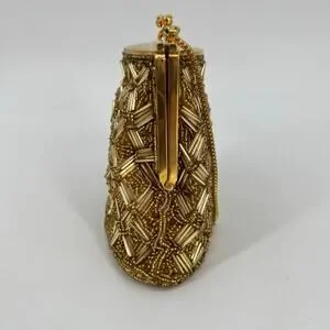 Vtg MCM Handmade Glass Beaded Hand Bag Mini Gold Clutch Kiss Lock Micro 50s 60s