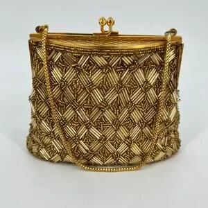 Vtg MCM Handmade Glass Beaded Hand Bag Mini Gold Clutch Kiss Lock Micro 50s 60s
