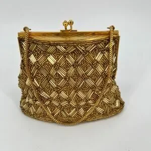 Vtg MCM Handmade Glass Beaded Hand Bag Mini Gold Clutch Kiss Lock Micro 50s 60s
