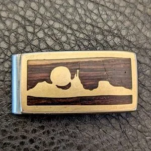 VTG Money Clip Mixed Inlaid Wood Mountain Sky Western Scene Brass Artist Signed