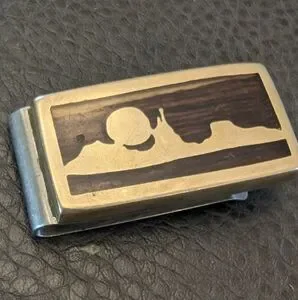 VTG Money Clip Mixed Inlaid Wood Mountain Sky Western Scene Brass Artist Signed