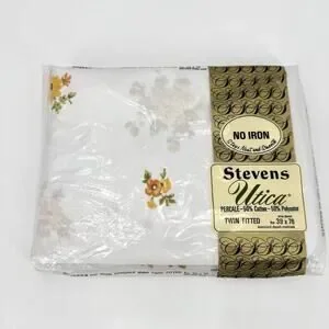 VTG Percale Twin Fitted Sheet STEVENS UTICA Yellow Floral Bouquet Canterbury