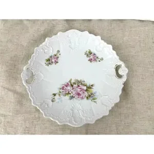 VTG Porcelain Pink Roses Floral Serving Plate With Handles Embossed Shabby Chic