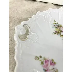 VTG Porcelain Pink Roses Floral Serving Plate With Handles Embossed Shabby Chic