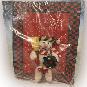 VTG RARE GANZ JOLLY JANGLES FESTIVE PINS 2.5” SNOWMAN DOUGH CHRISTMAS HOLIDAY